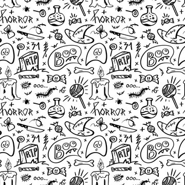 Vector hand drawn seamless pattern background. Set Halloween pictures in doodle style. Line art illustrations