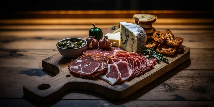 belle planche de charcuterie pos&eacute;e sur une table pour partager un ap&eacute;ro entre amis - generative ai