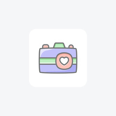 Camera, heart fully editable vector line icon

