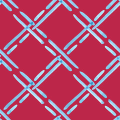 Hand painted watercolor blue stripes on Viva Magenta background. Checkered seamless pattern. For fabric, sketchbook, wallpaper, wrapping paper.