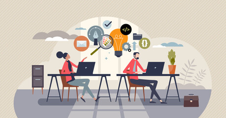 Body doubles cowork or parallel work with partnership tiny person concept. Collaboration and effective teamwork with common project effort vector illustration. Productive job with colleague support.