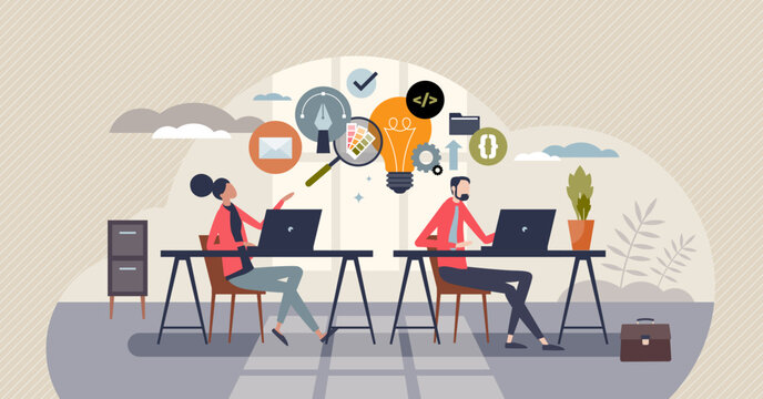 Body doubles cowork or parallel work with partnership tiny person concept. Collaboration and effective teamwork with common project effort vector illustration. Productive job with colleague support.