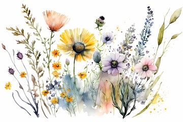Watercolor meadow flowers. Colorful wild summer flowers. Wildflowers in various colors. Watercolour illustration, drawing isolated on white background. Hand drawn vintage design style. Generative Ai.
