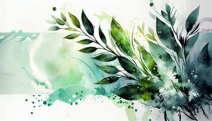 Abstract art watercolor background with green leaves, Generative AI
