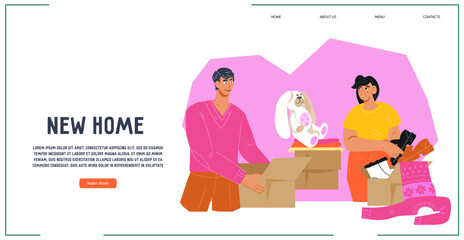 Website landing page template with couple moving to new house, flat vector illustration. Housewarming and real estate purchases, new home purchases and mortgages.
