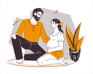 Young couple expecting baby. Husband supporting and assisting his pregnant wife to prepare to birth giving, cartoon flat vector illustration isolated on white background.