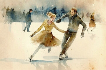 A man and a woman skating on a lake, watercolor illustration, created with Generative AI technology.