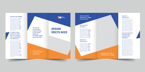 Interior Designer Firm trifold brochure template. A clean, modern, and high-quality design tri fold brochure vector design. Editable and customize template brochure