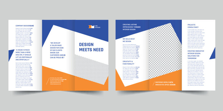 Interior Designer Firm trifold brochure template. A clean, modern, and high-quality design tri fold brochure vector design. Editable and customize template brochure
