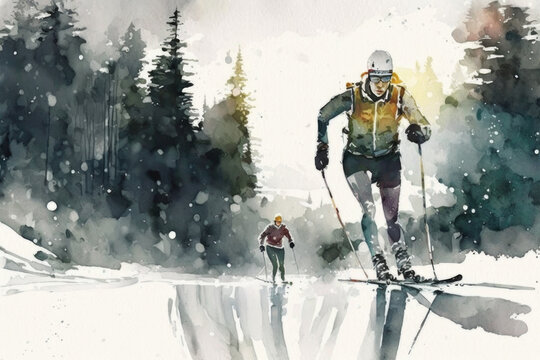 Skiers running through the forest, cross-country skiing, watercolor illustration, created with Generative AI technology.