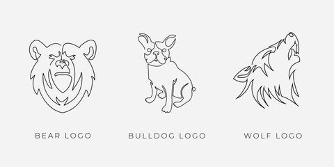One line animals logo bear dog wolf. Line drawing of bear business logo icon