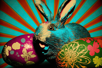 Ecstatic Easter Bunny with easter eggs in airbrush style on a psychedelic background. Generative AI