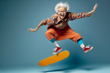 Acrobatic cute happy and smiling granny jumping with the skateboard - Ai generative - obrazy, fototapety, plakaty