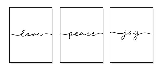 Love, Peace, Joy poster. Minimalist quote art. Lettering typography quote poster. Design workplace frame. Set of 3 prints with love, peace, joy. Wall art bedroom, home decor.