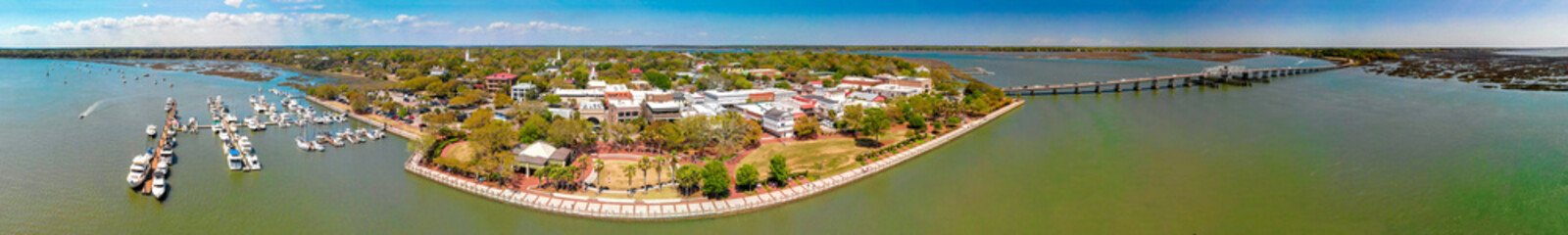 Panoramic aerial view of Charleston skyline from drone at dusk, South Carolina
