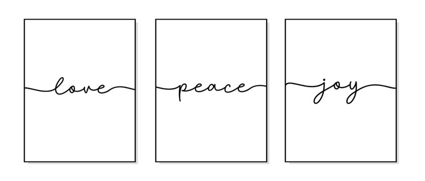 Love, Peace, Joy poster. Minimalist quote art. Lettering typography quote poster. Design workplace frame. Set of 3 prints with love, peace, joy. Wall art bedroom, home decor.