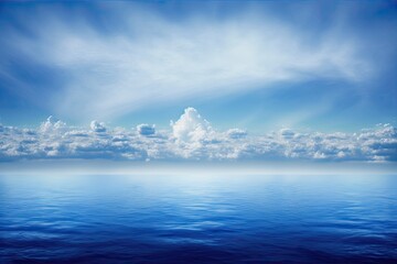 Fototapeta premium cloudy blue sky fading to the horizon above a blue ocean's surface. Generative AI