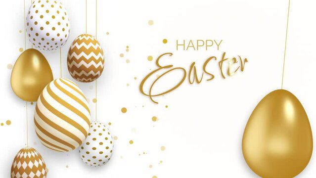 Golden Easter eggs with patterns hang on strings. Shiny gold particles on white background. Looped Christian holiday animation Happy Easter.