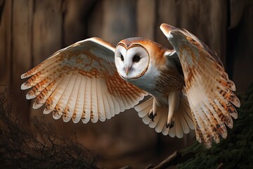Hunting Barn Owl in flight. Wildlife scene from wild forest. Flying bird tyto alba. Generative AI