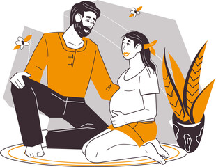 Young couple expecting baby. Husband supporting and assisting his pregnant wife to prepare to birth giving.