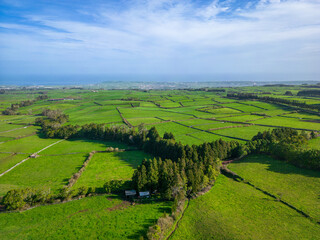Fototapeta na wymiar Terceira Aerial View. Beautiful Green Terceira Island Landscape near Serra do Cume, Azores Archipelago, in Atlantic Ocean, Portugal.