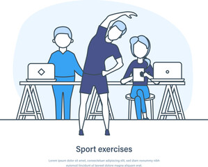 Sport exercises, male office worker doing workout at workplace. Employee doing physical exercises in office. Regular sport, cardio training, fitness break thin line design