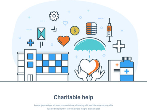 Charitable help, charity and help for people and children. Assistance, charitable care for needy, elderly, disabled people. Voluntary donations to people in need thin line design