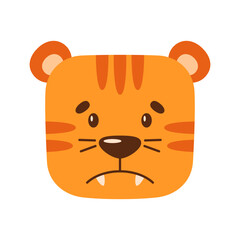 Sad face of a cartoon tiger. Kawaii illustration of a wild animal. Simple clipart for children's design