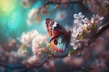Fototapeta na wymiar Butterfly over a background of nature and a blossoming tree. springtime blooms springtime setting fuzzy concept. Generative AI
