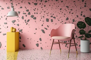 Terrazzo walls and floors, marble and stone, and an abstract background. Terrazzo flooring in vibrant pink with a cement backdrop, wallpaper made of this material, and contemporary home decor