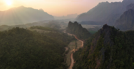 Aerial view of Nam Xay viewpoint in Vang Vieng at sunset, Laos