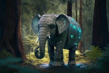 The robotic elephant in the forest. Generative AI.