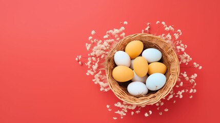 Easter eggs in a basket on red background with copy space.