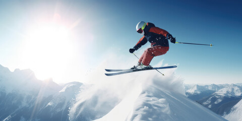 Naklejka na ściany i meble An extreme athlete is performing a ski jump on a snowy mountain during winter. Generative AI