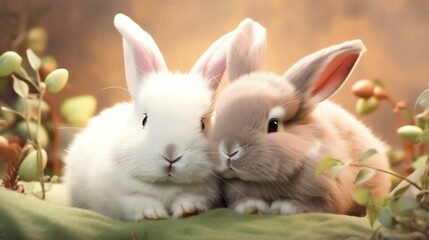 Fototapeta na wymiar Cute rabbits on green background, closeup. Easter holiday concept