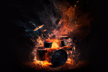 Drums made of fire and smoke on black background. Digitally generated AI image.