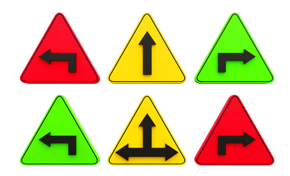 
Traffic warning sign pointing left and right. Straight, contrast, contrast, divergence, different directions, multicolored. 3d rendering.

