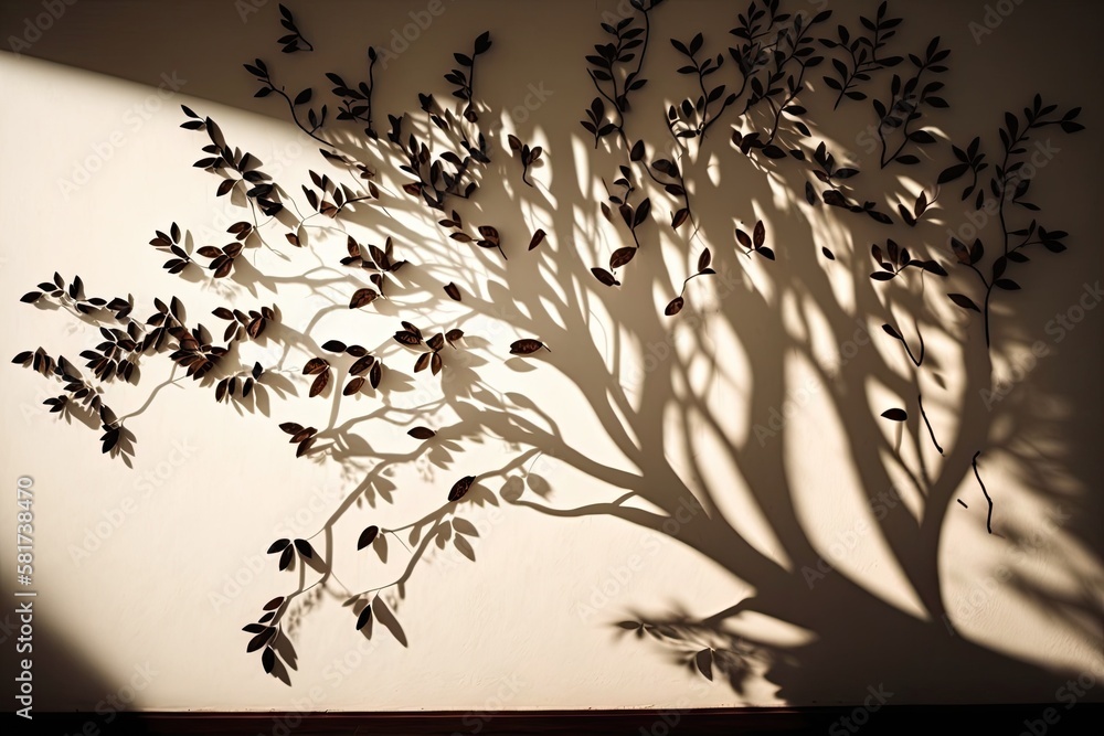 Poster background of an abstract tree shadow on a white wall with fuzzy leaves, tree branches, and light sh