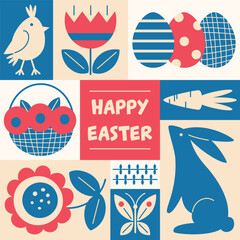 Happy Easter or spring themed motifs poster in Modern geometric abstract style. For Holiday covers, posters, banners, greeting card. Cute bunny, chick, egg, flowers in bright colours