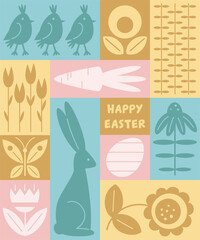 Happy Easter or spring themed motifs poster in Modern geometric abstract style. For Holiday covers, posters, banners, greeting card. Cute bunny, chick, egg, flowers in pastel colours