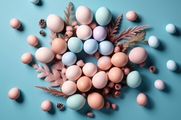 Top view, flat lay of Easter eggs in pastel colors. Easter Holiday concept. Generative ai. 
