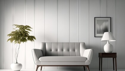 Modern interior living room with grey sofa and stylish decorations. Generative AI