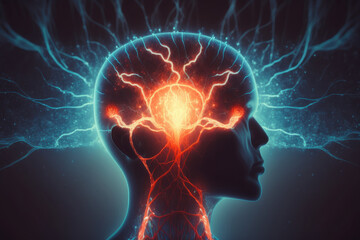 Obraz premium Meditation concept with human head silhouette glowing esoteric neurons in brain AI generated