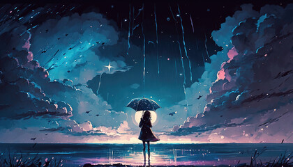 an epic illustration of a lonely anime girl with an umbrella, standing alone in the night, generative ai technology - obrazy, fototapety, plakaty