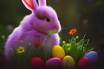 Obrazy na Plexi  Wielkanoc, wielkanocny króliczek z kolorowymi jajkami wielkanocnymi na trawie, barwnie, soczyste wiosenne kolory, miejsce na tekst. Wygenerowane przy pomocy AI