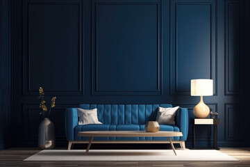 Blaues Sofa vor blauer Wand, Generative AI