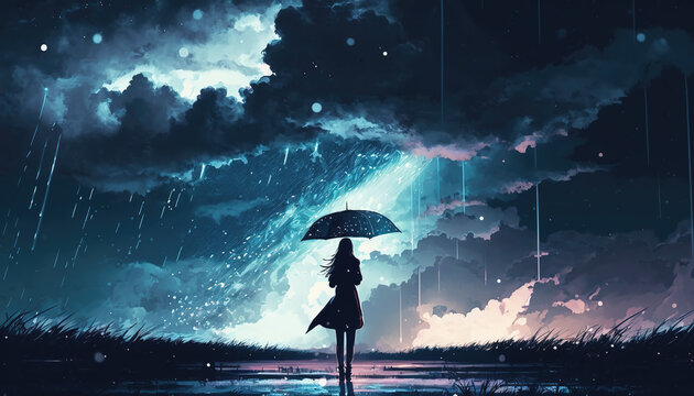 a wonderful sad girl is standing alone in the rain with an umbrella, light is coming at the end of the road, generative ai technology