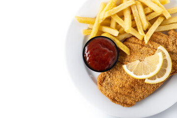 Wiener schnitzel with fried potatoes isolated on white background. Top view. Copy space