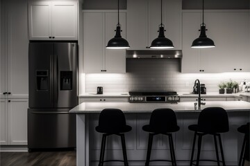 A new, modern all white kitchen with black lights hanging from the ceiling and black bar stools sitting at the counter top for an eating area. Lights off.