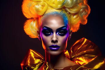 Naklejka premium drag queen style transvestite man gay with bright colored makeup in women dress. Generative AI